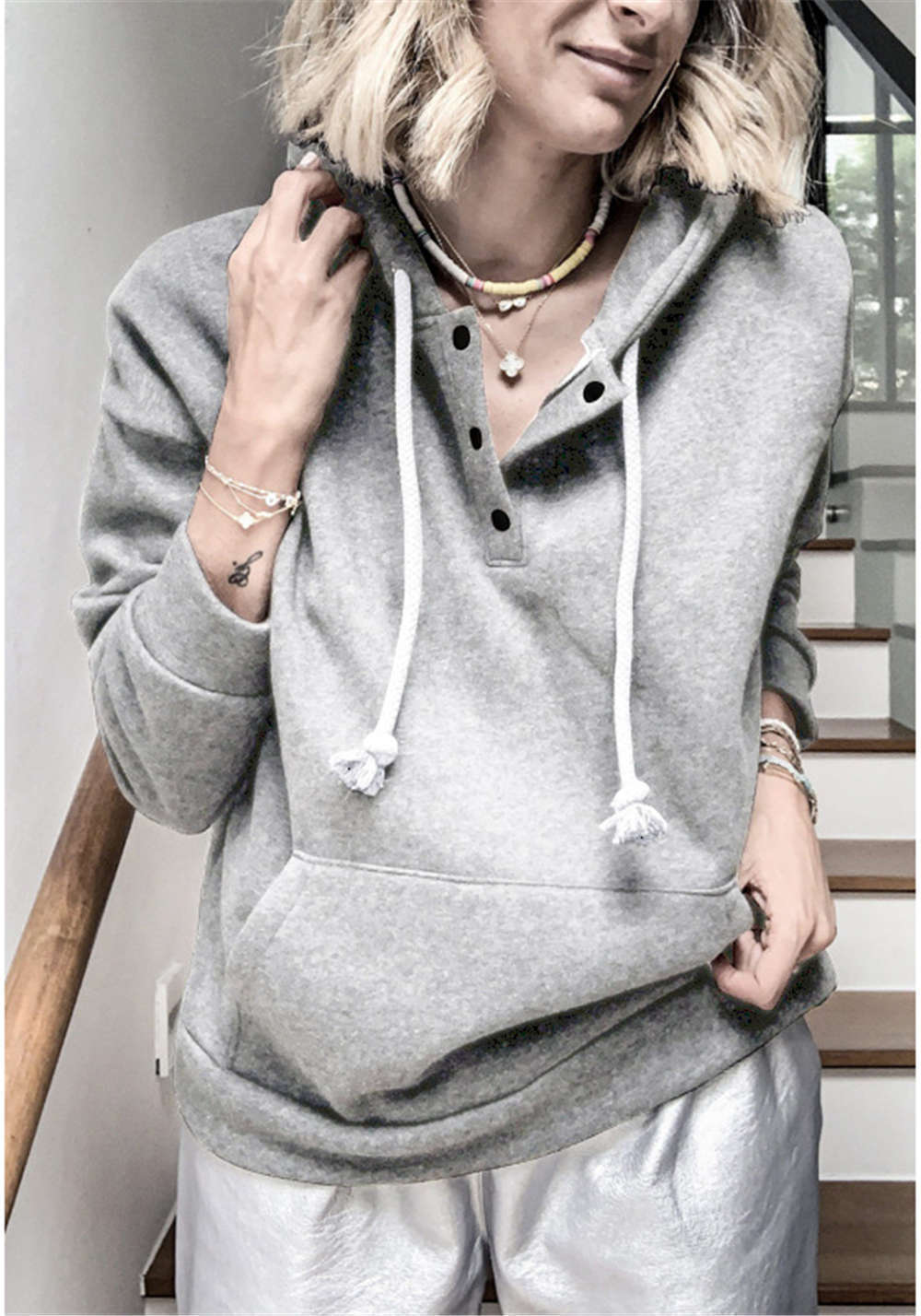 Solid color hooded drawstring button sweater