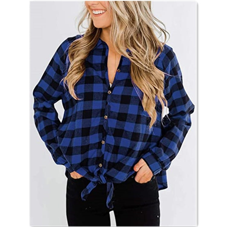 Loose Plaid Tie Knot Long-sleeved Cardigan Shirt