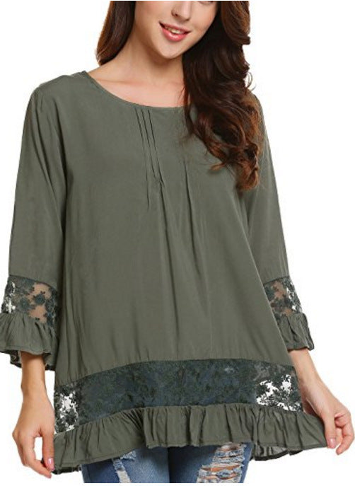 Silk Long Sleeve T-shirt Elegant Lace Embroid