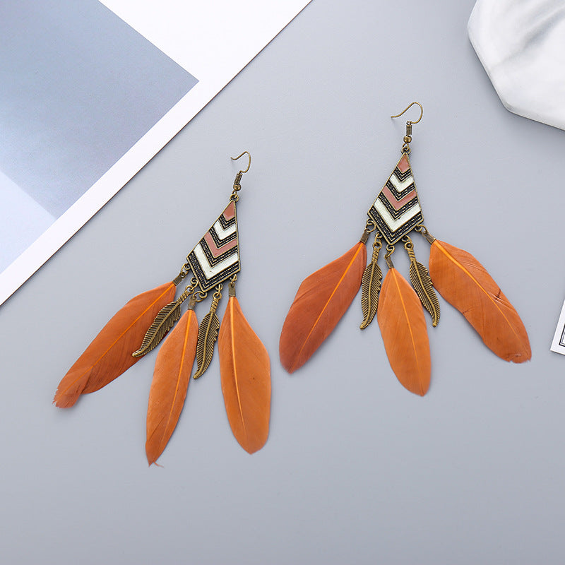 Diamond Leaf Long Tassel Feather Earrings For Female Bohemian Accessori