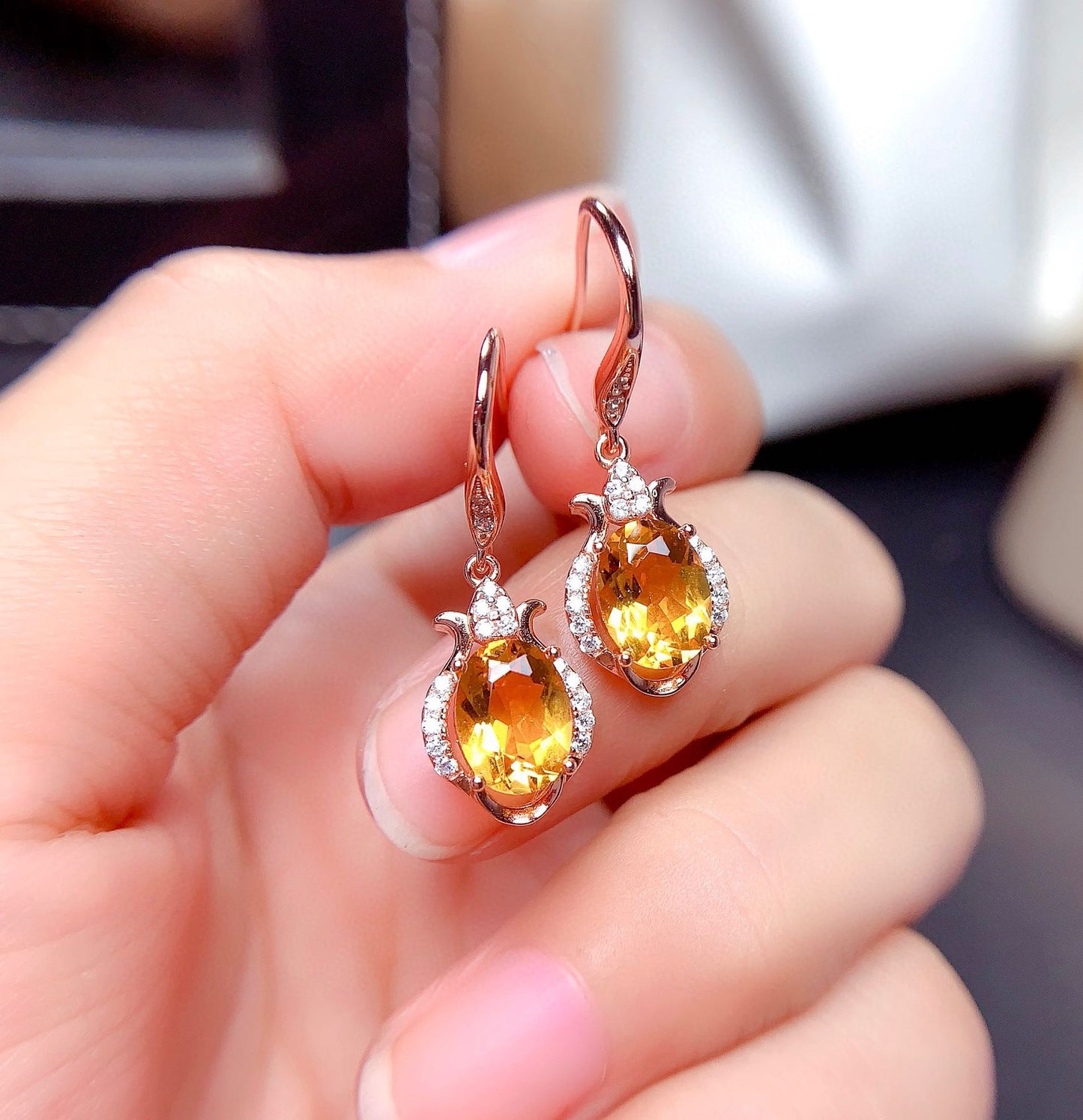 New Style Citrine Earrings Female Crystal Pure Sparkle Sparkling  Silver Inlay