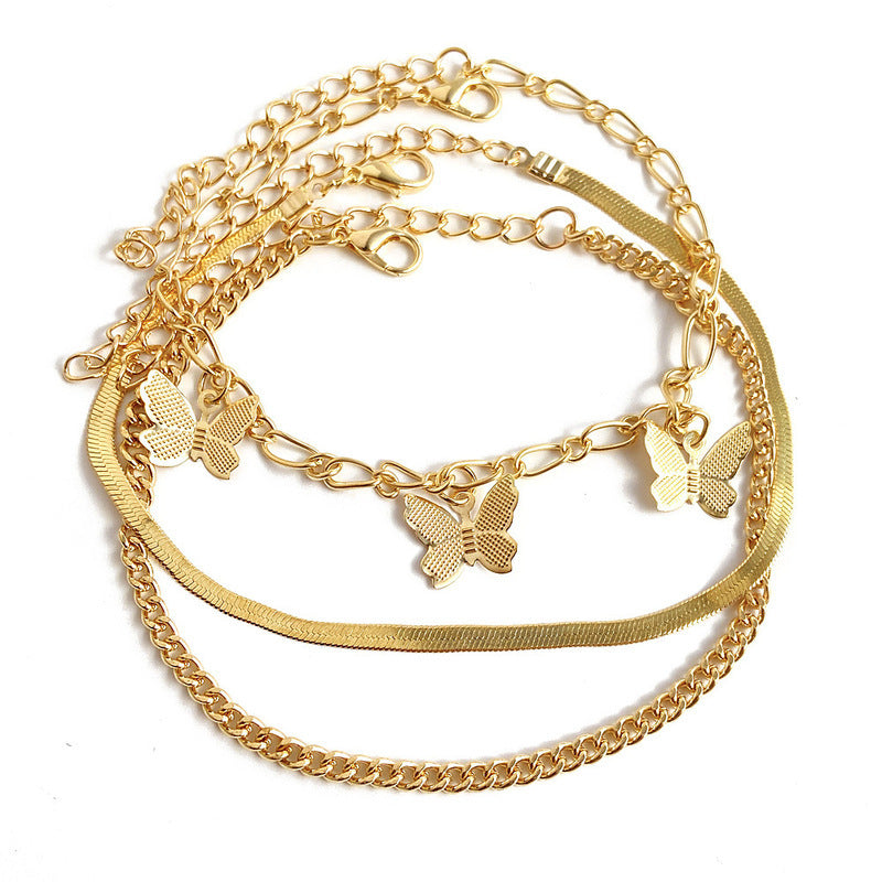 Simple Three-layer Chain Butterfly Pendant Anklet Set