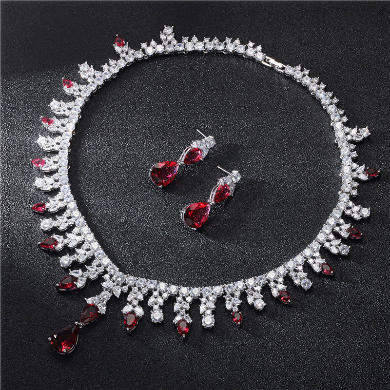 Fashion Red Zircon Necklace Earrings Set