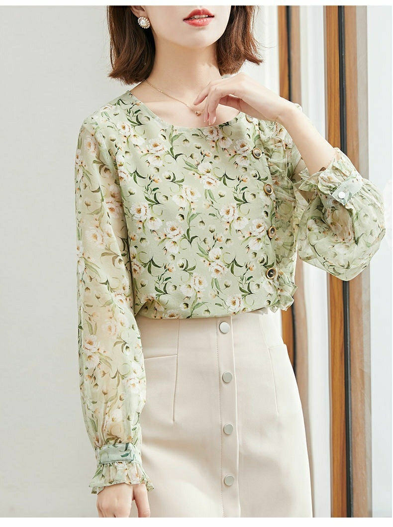 Ladies Long Sleeve Floral Print Faux Silk Top