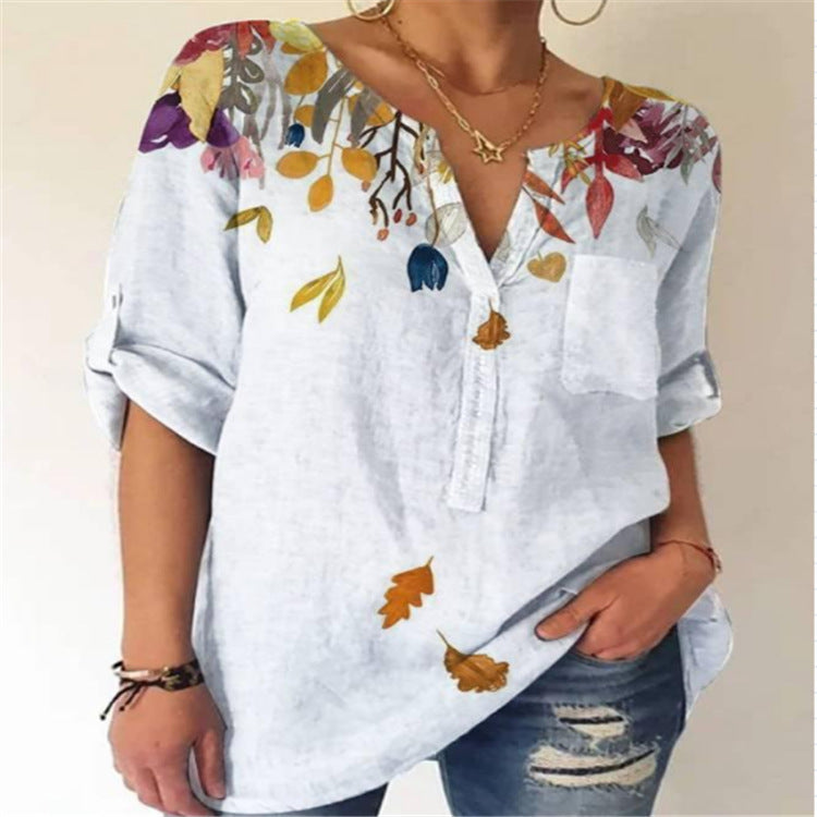 European And American Loose Print V-neck Long-sleeved Shirt