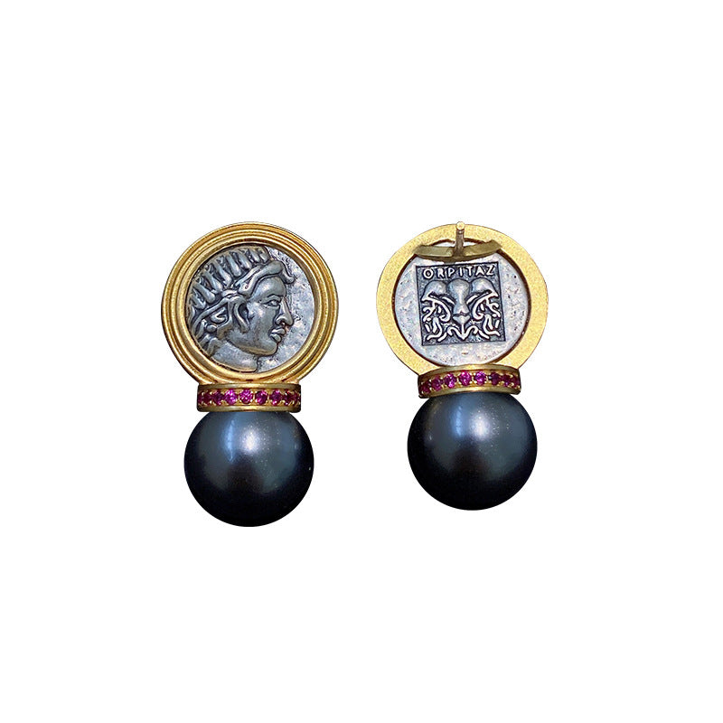 Retro Light Luxury Ancient Greek Sun God Pearl Stud Earrings