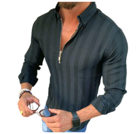 Long-sleeved lapel casual striped zipper shirt