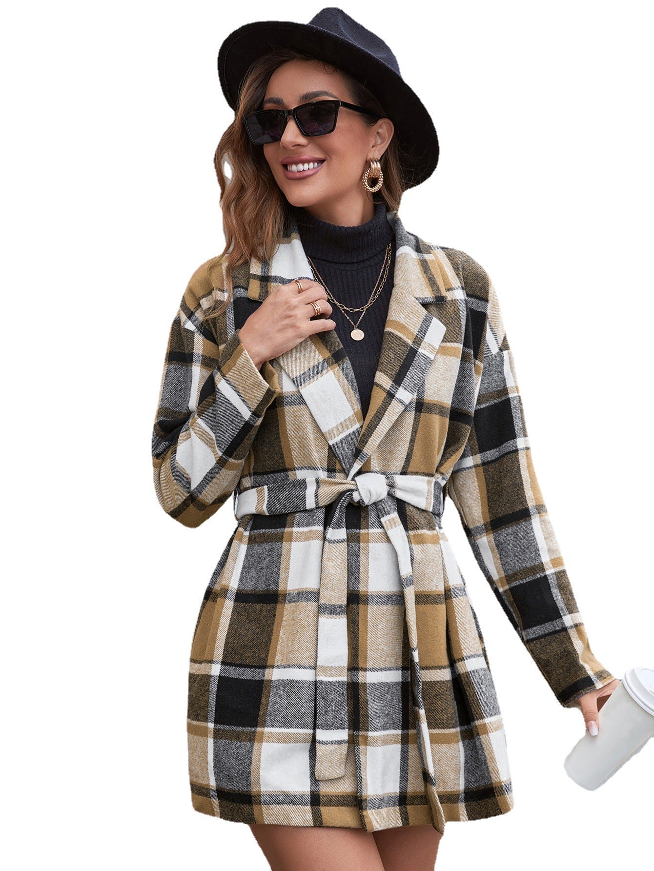 Casual Check Lapel Belted Trench Coat Woolen