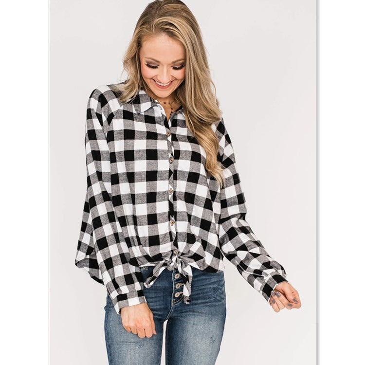 Loose Plaid Tie Knot Long-sleeved Cardigan Shirt