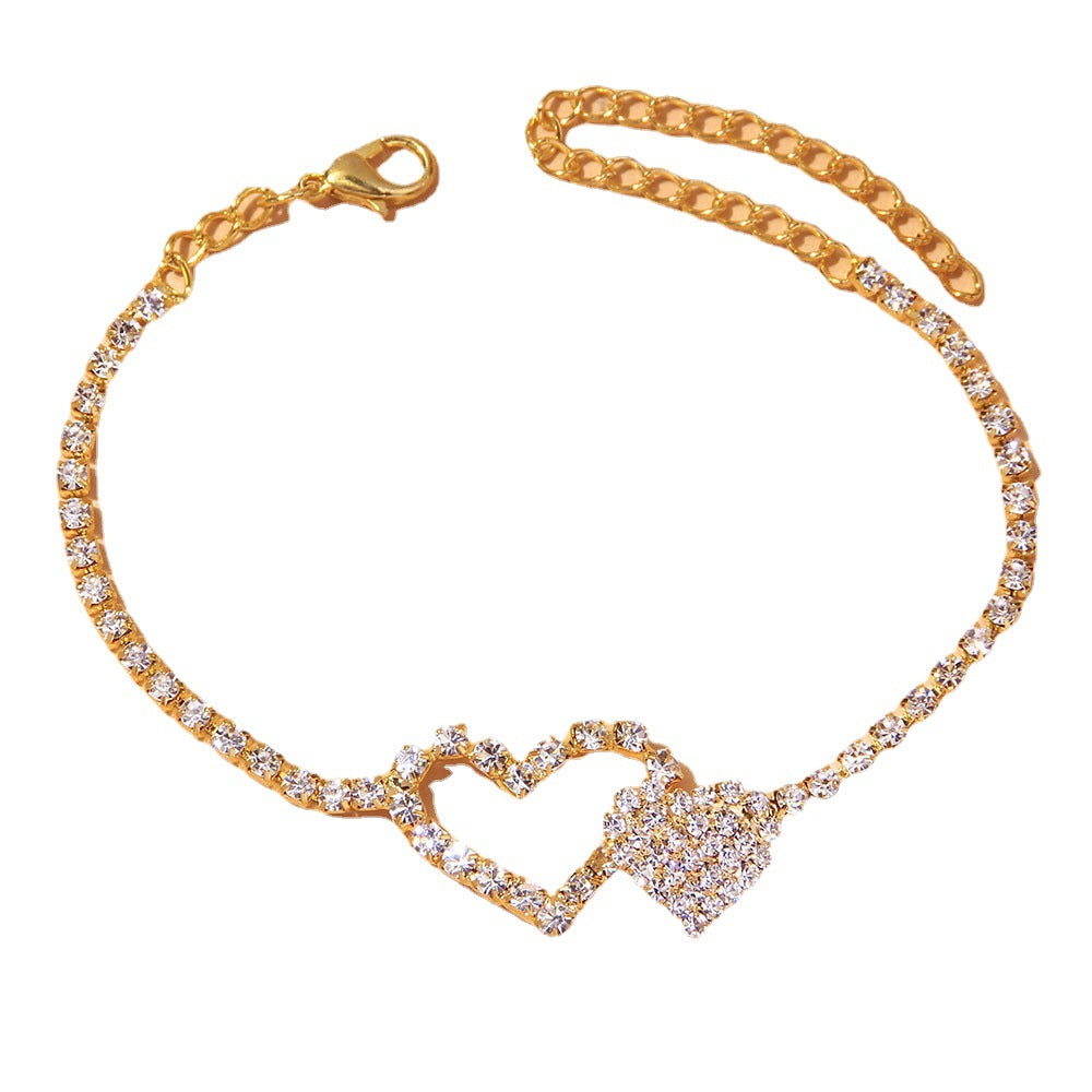 Hot Selling Full Rhinestone Double Heart Anklet In Europe And America