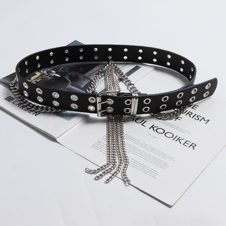 Fashion All-match Black Belt Tassel Chain Double Row Perforated Hundred Matching Waist Seal