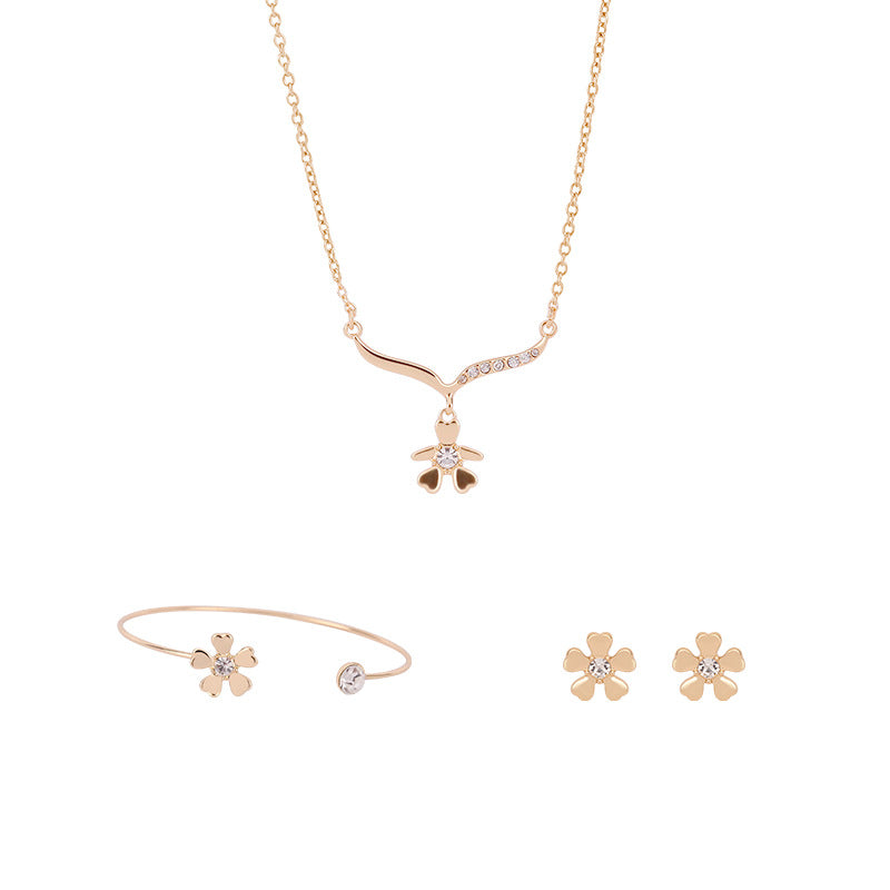 Three-piece Set Of Alloy Flower Bracelet And Earrings