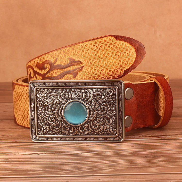 Ethnic Style Carved Leather Belt Head Layer Cowhide Personality Smooth Buckle