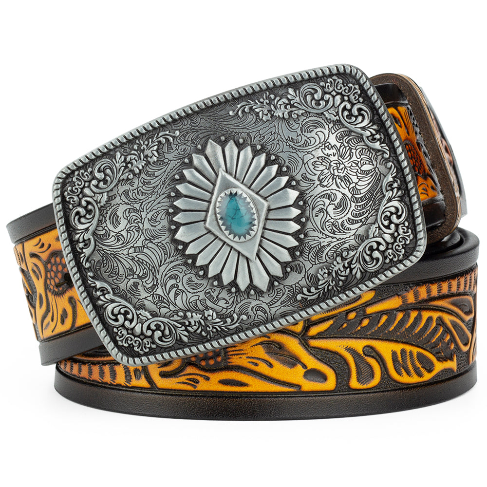 Bronze Pattern Buttoned Tang Grass Embossed Leather Belt