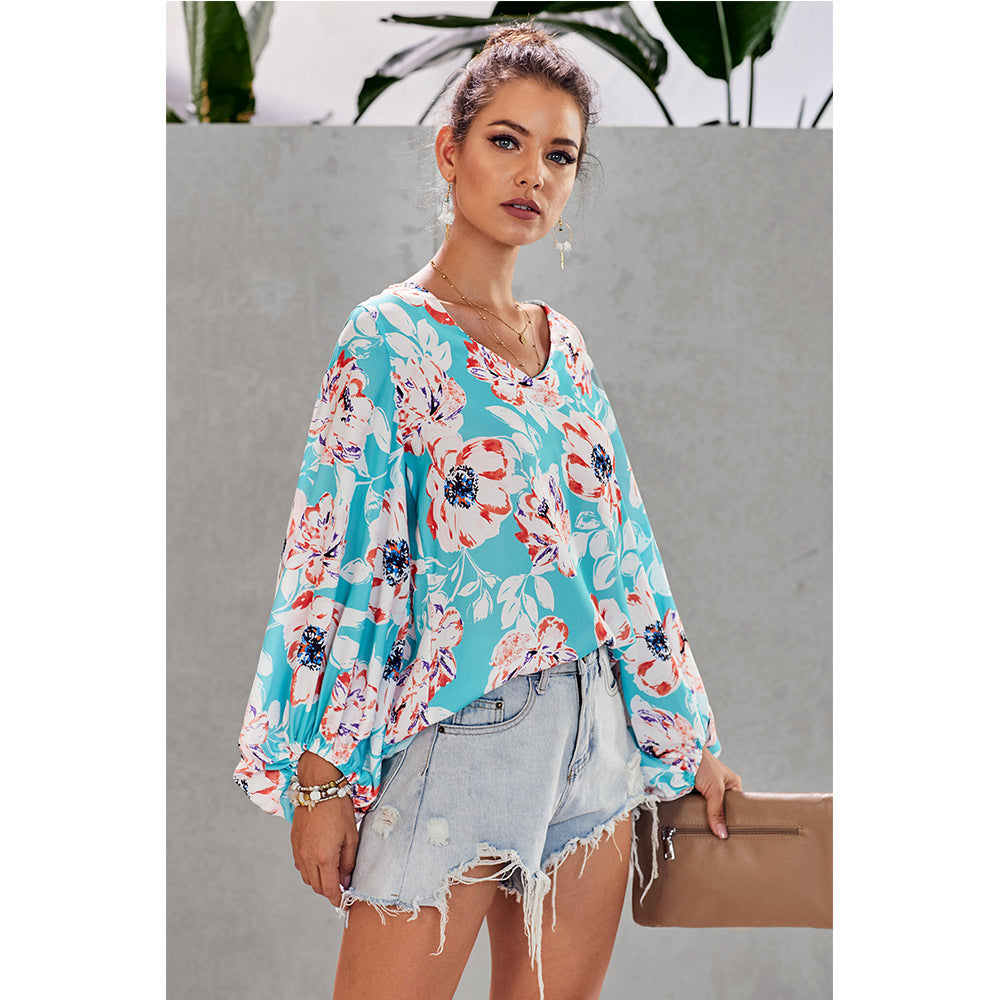 Printed loose v-neck lantern sleeve top