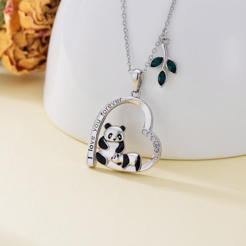 Funny Panda Daughter Mother Necklace Sterling Silver Heart Pendant Embellished with Crystals