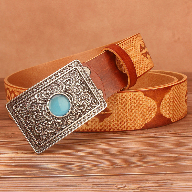 Ethnic Style Carved Leather Belt Head Layer Cowhide Personality Smooth Buckle