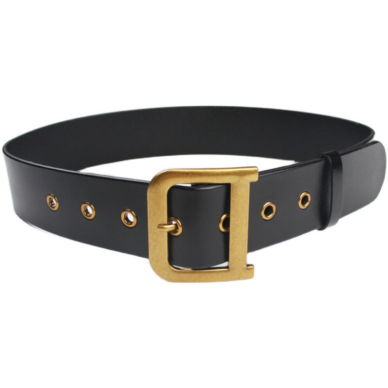 Designer Bella Hadid D Letter Aged Gold Tone Genuine Leather Velvet Eyelet Belt