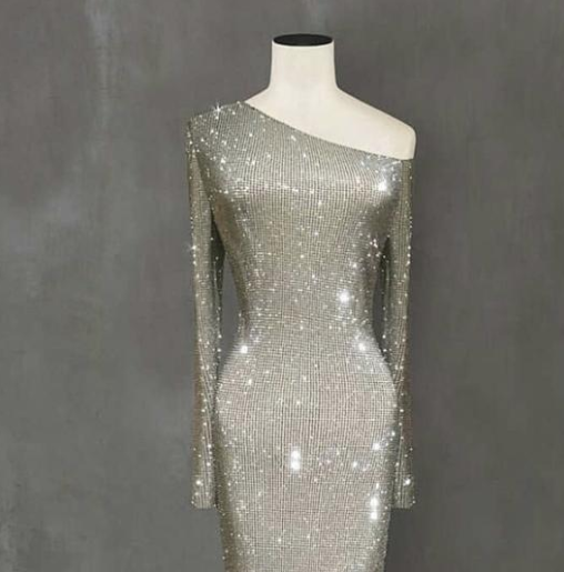 Europe and the United States one shoulder asymmetric sparkling crystal long dress skirt dress