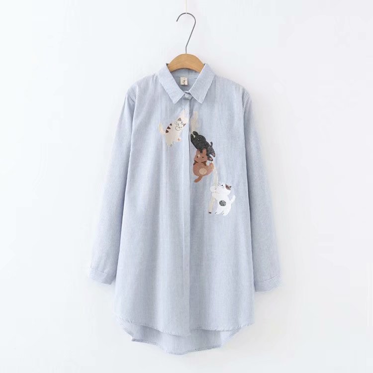 Mid-length Cotton And Linen Embroidery Long-sleeved Shirt