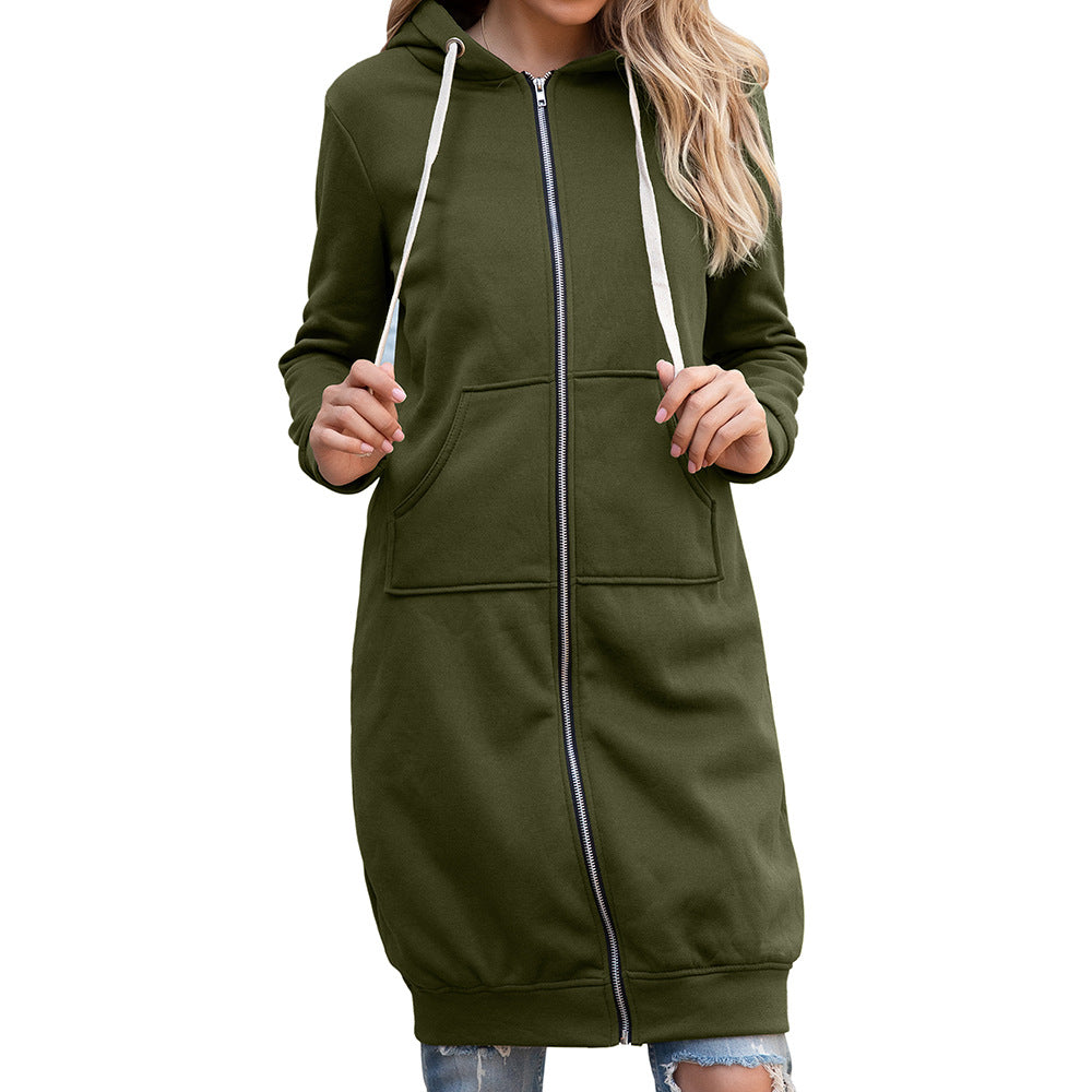 Women's Large Size Loose Cardigan Hooded Mid-length Coat