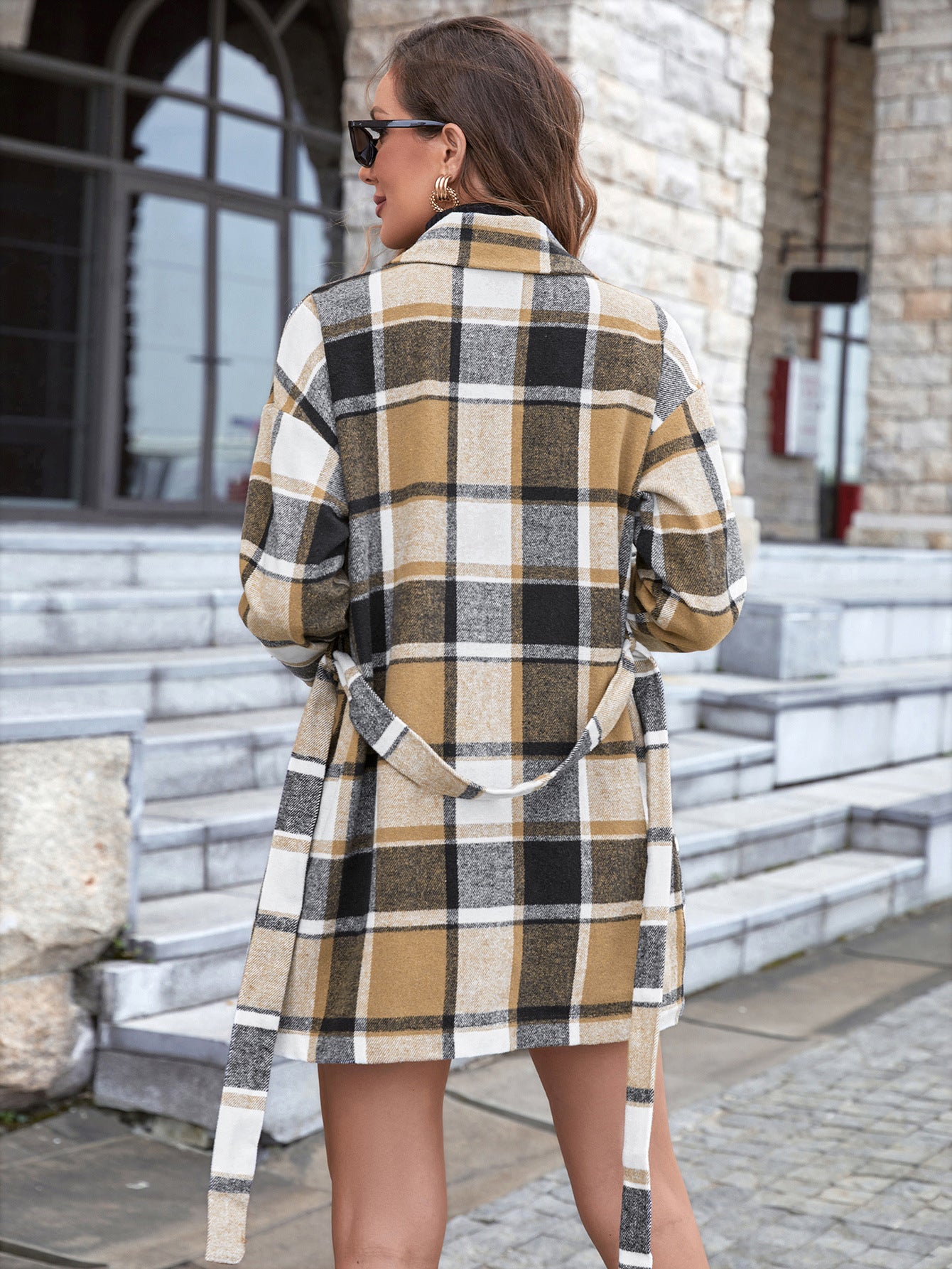 Casual Check Lapel Belted Trench Coat Woolen