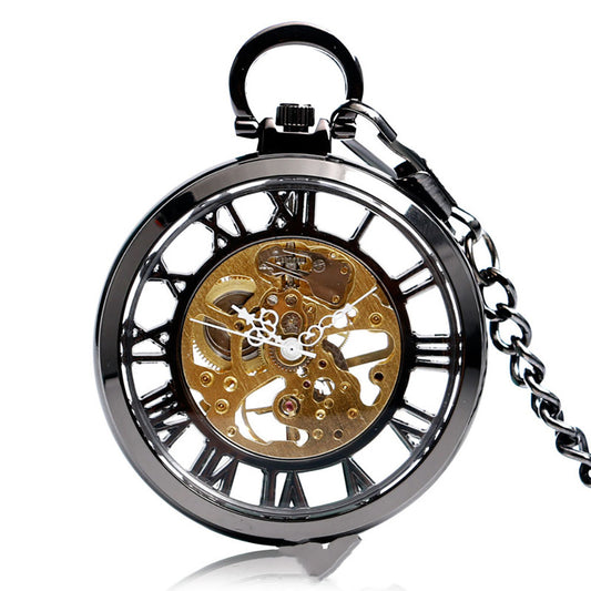 Double-sided Transparent Cutout Design Straight Plate Without Cover Roman Literal Mechanical Pocket Watch