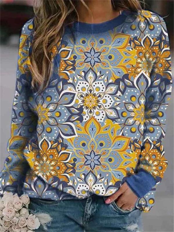Ladies printed round neck long sleeve pullover sweater