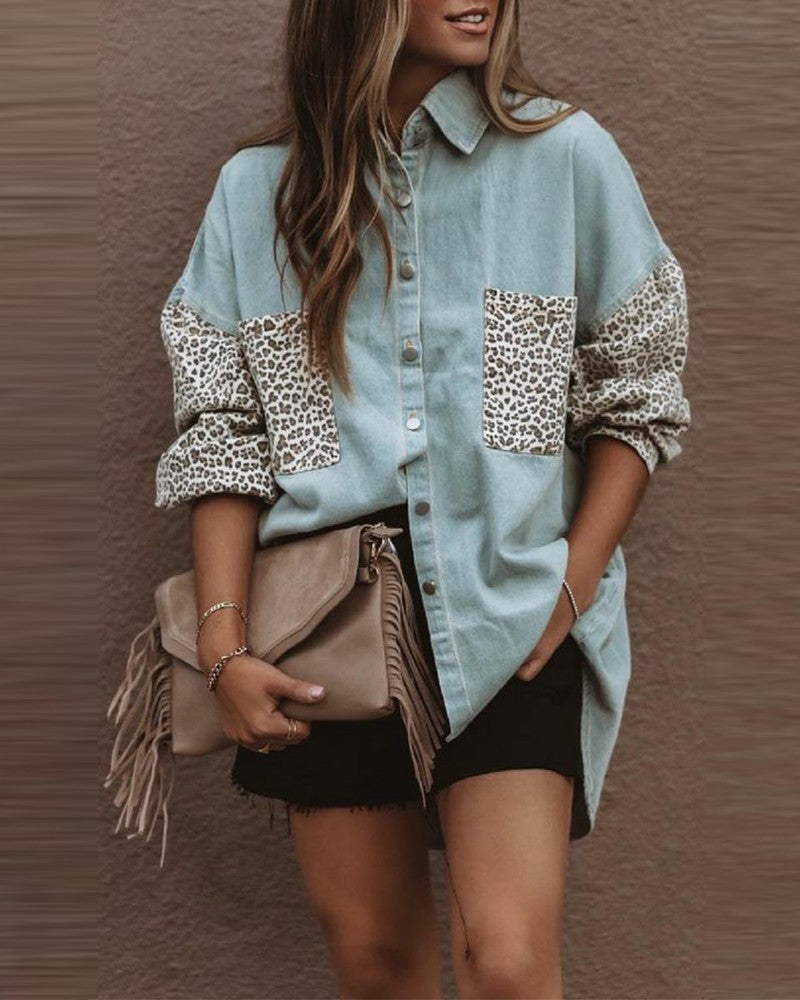 Women's Long-sleeved Pocket Leopard Print Stitching Denim Jacket