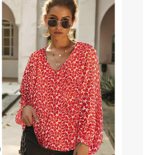 Printed loose v-neck lantern sleeve top