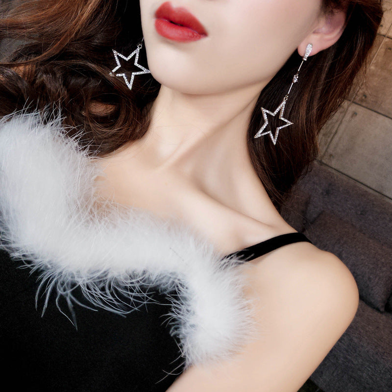 Pentagram Rhinestone Fashion Long Temperament Star Stud Earrings