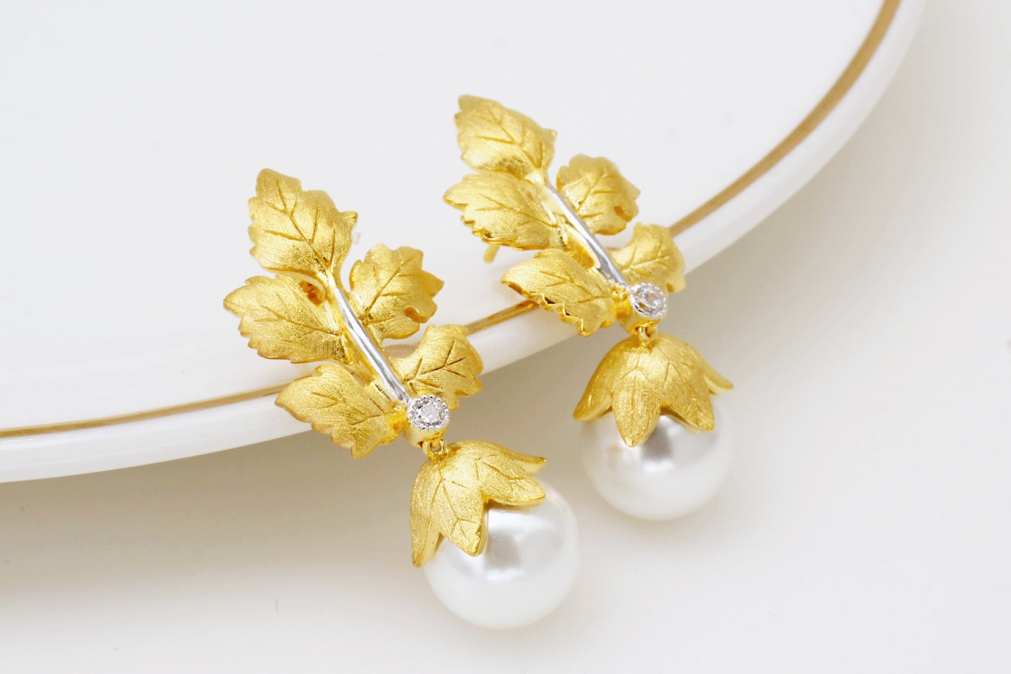 925 Silver Gold Leaf Bead Earrings