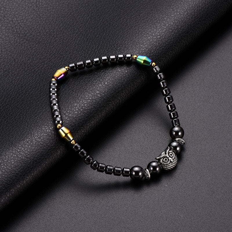 Magnetic Hematite Electroplated AB Color Round Bead Owl Anklet