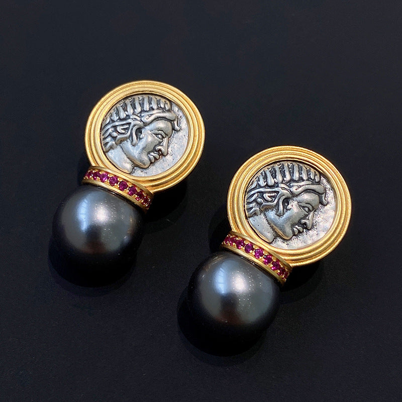 Retro Light Luxury Ancient Greek Sun God Pearl Stud Earrings