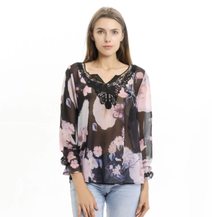 European And American Long-sleeved Printed Shirt V-neck Lace Chiffon Shirt