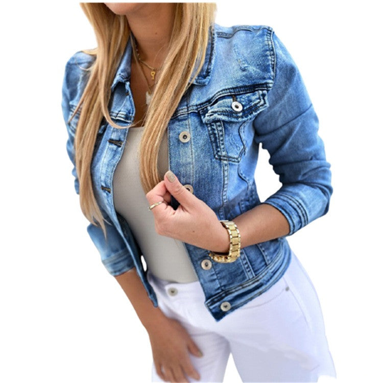 Short Ladies Denim Jacket Slim Fit And Distressed Long Sleeve Fashion Top