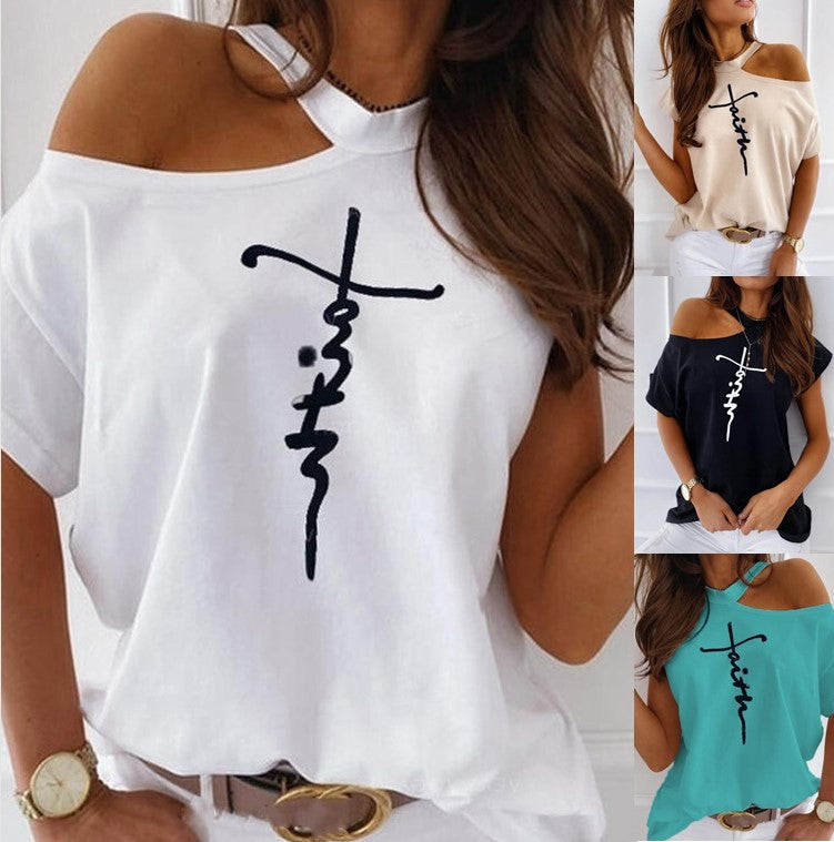 Letter print short sleeve off-shoulder T-shirt