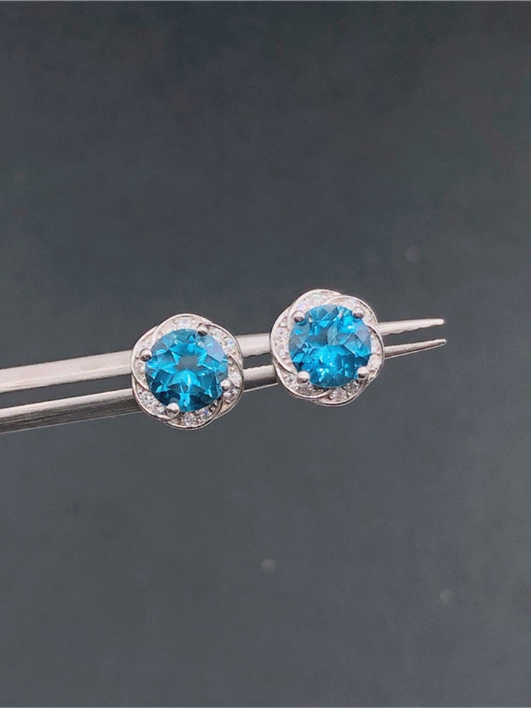 New Sapphire Natural London Blue Topaz Flower Stud Earrings