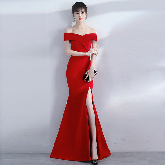 Banquet evening dress word-shoulder fishtail dress