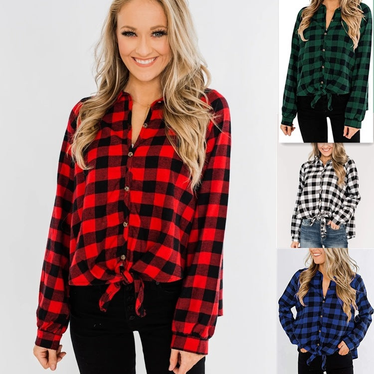 Loose Plaid Tie Knot Long-sleeved Cardigan Shirt