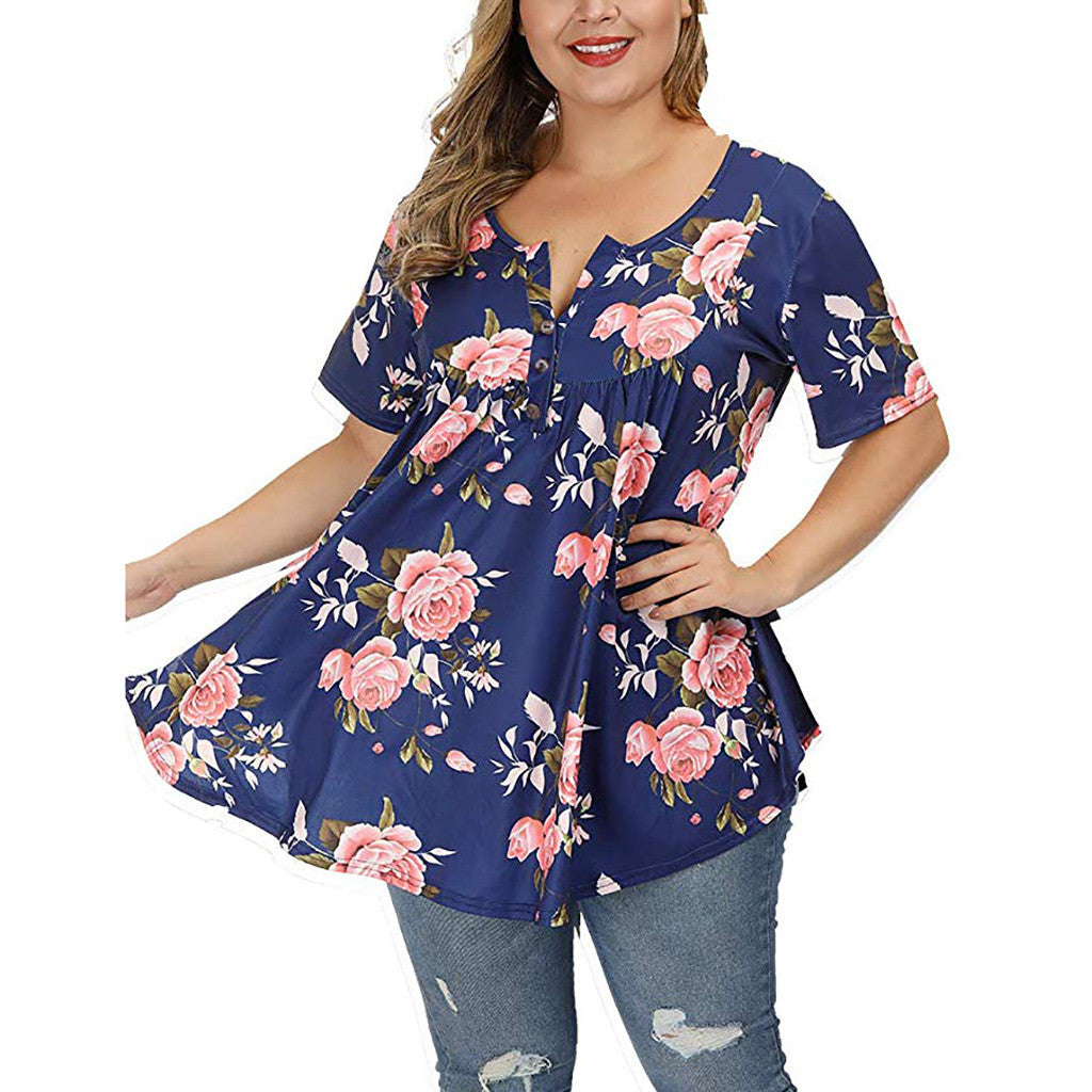 New Ladies V-Neck Button Plus Size Printed Short Sleeve Top