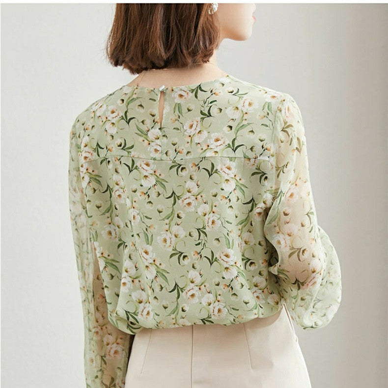 Ladies Long Sleeve Floral Print Faux Silk Top