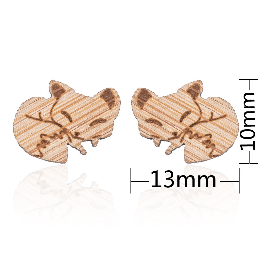 New Cute Sweet Fox Wooden Stud Earrings