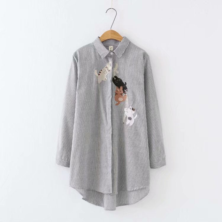 Mid-length Cotton And Linen Embroidery Long-sleeved Shirt