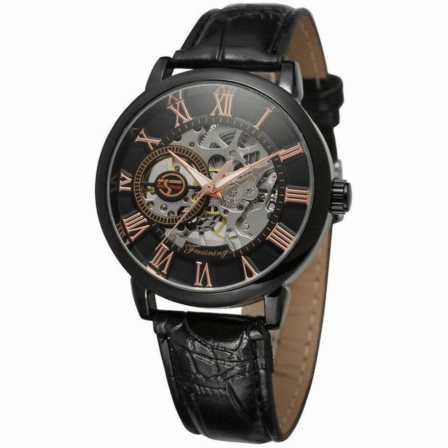 Hollow Mechanical Skeleton Transparent Style Leather Wrist Watch