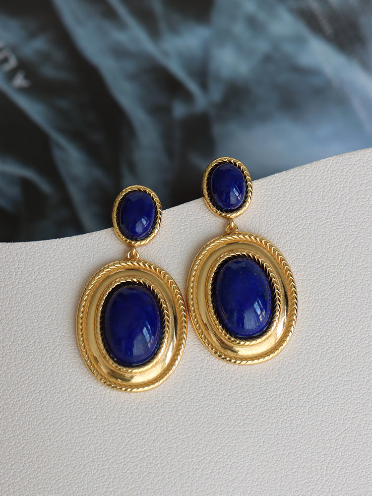 Retro Earrings Hong Kong Style High-end Ins Niche Design Natural Lapis Lazuli