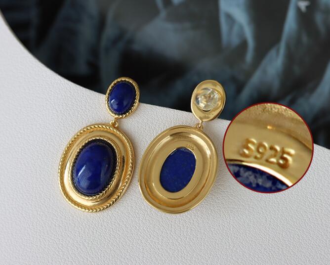 Retro Earrings Hong Kong Style High-end Ins Niche Design Natural Lapis Lazuli