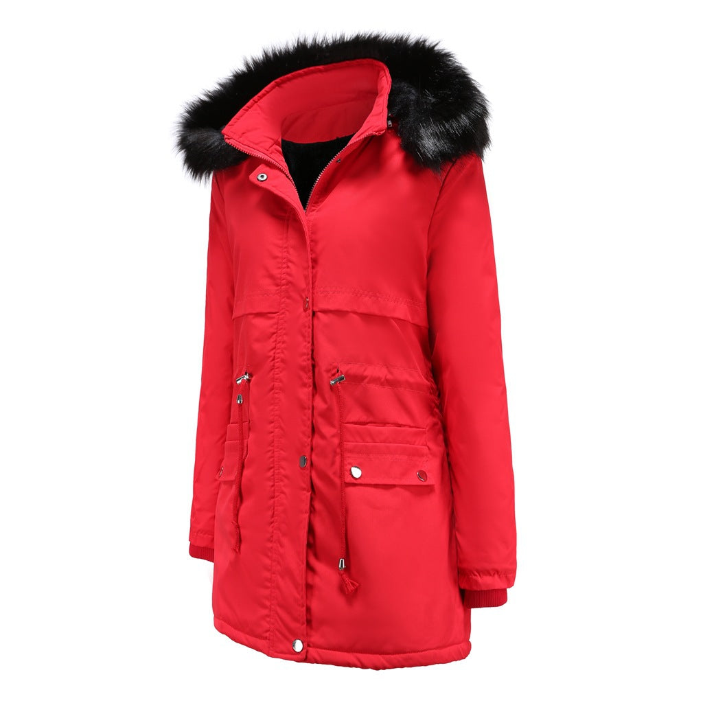 Autumn And Winter Women's Clothing Large Fur Collar Cotton Coat Women's Fleece-lined Thickened Detachable Hat Warm Coat