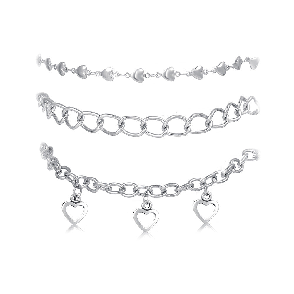 Heart-shaped Chain Love Heart Pendant Anklet 3-piece Set