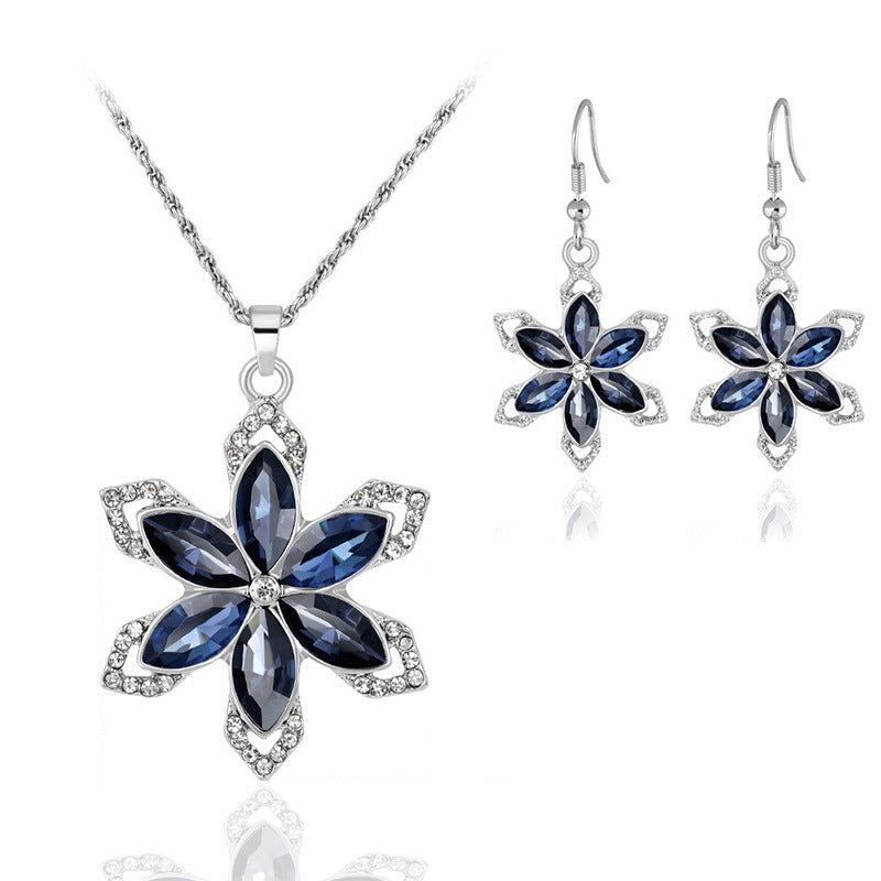 Six Petal Flower Personality Diamond Earrings Necklace Set